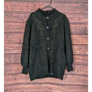 Vtg Black Angora Blend Beaded Cardigan Button Up Sweater LEE SANDS Size Medium?